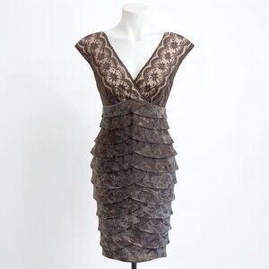 Adrianna Papell Brown Lace & Ruffle Tiered Sheath Cocktail Dress Size 6